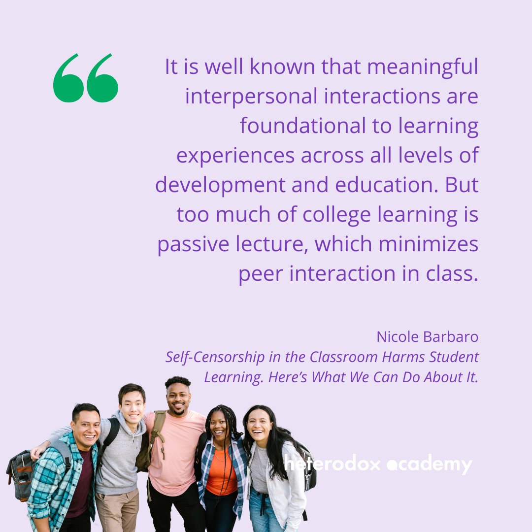 Passive lecturing does not provide enough opportunities for students to discuss and share their views in class. On the blog, <a href="/NicoleBarbaro/">Nicole Barbaro</a> shares strategies for faculty to get students talking.

heterodoxacademy.org/blog/self-cens…