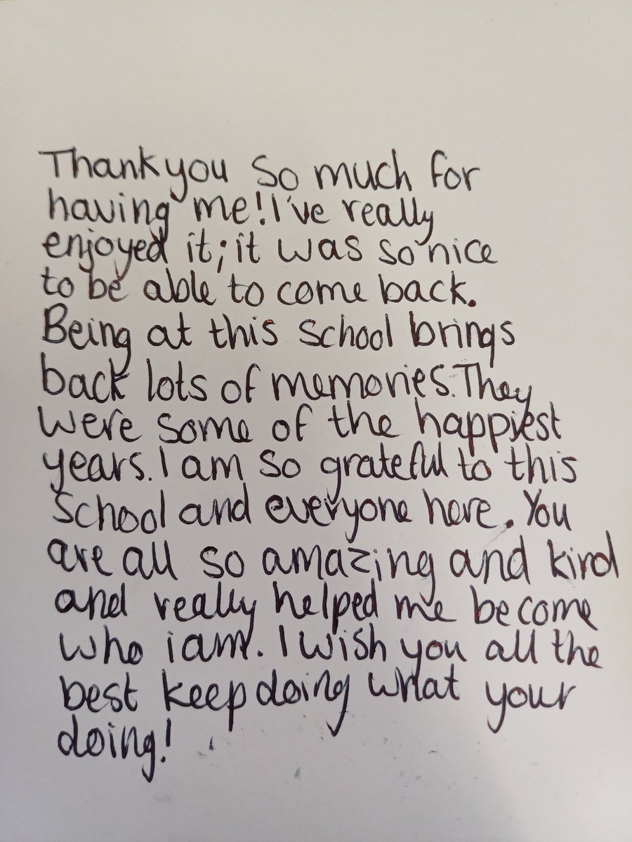 SandfordPSchool's tweet photo. What lovely words , written so neatly in a 'Thank you' card by an ex pupil of Sandford Primary, who has returned here for a few days of work experience, which ends today. Just had to share! @WessexTrust #schoolworkexperience https://t.co/LloehvgxRX