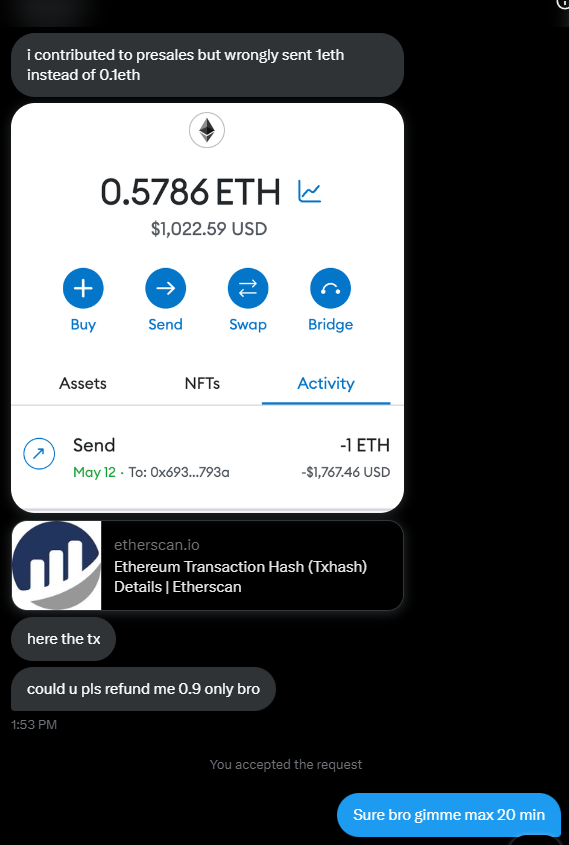 someone sent by mistake 1E except 0.1

sending back 0.9E!

tx: 

etherscan.io/tx/0x71da5d0cb…

absolute fvcking LEGEND