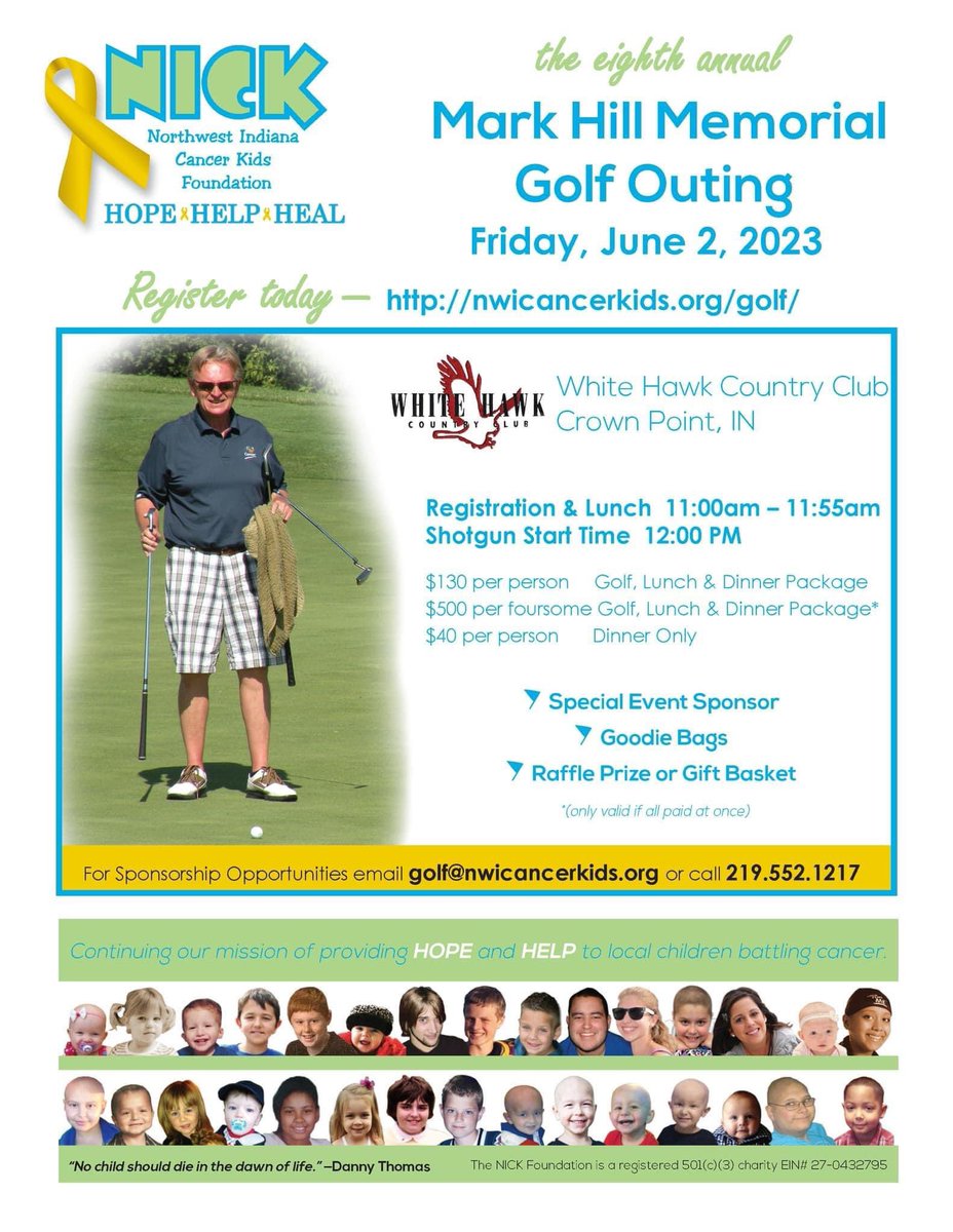 ⛳️ Join us for the 8th Annual Mark Hill Memorial Golf Outing on June 2nd at White Hawk Country Club. To sign up to golf or see our Sponsorship opportunities, visit nwicancerkids.org/golf/

#childhoodcancerawareness #childhoodcancer #NICKFoundation #golffundraisingevent #nwigolf