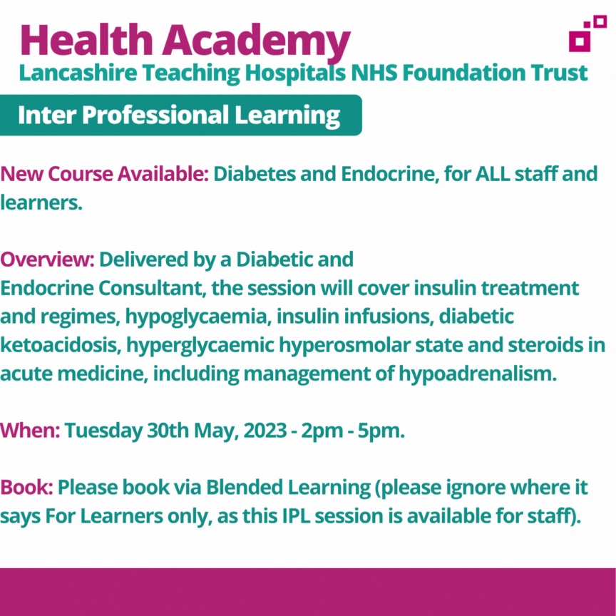 PES_lthtr's tweet photo. 🌟NEW: Fantastic learning opportunity for ALL staff and learners - Diabetes and Endocrine.
You can book a place via Blended Learning - LTHTR E-Learning.
Please share with your colleagues 🗣️ https://t.co/NNlg7tsojL