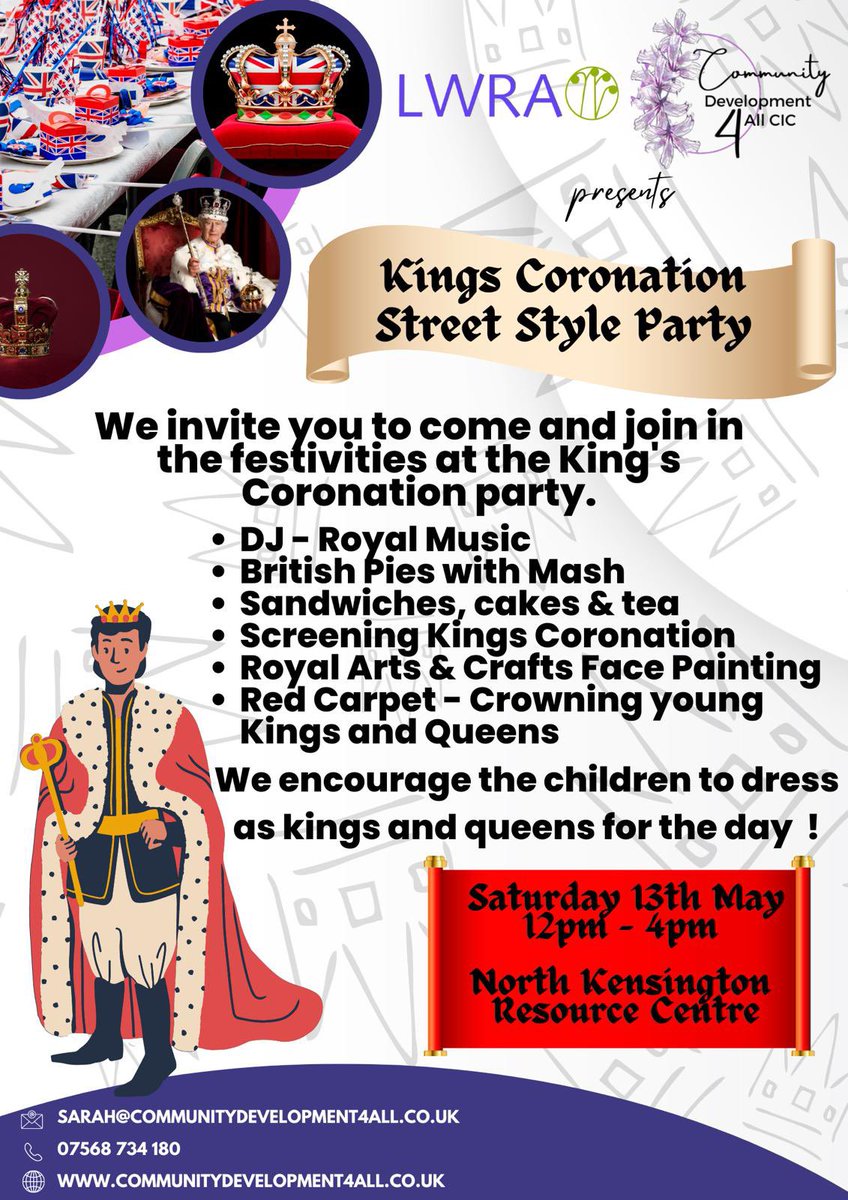 Join us for a royal feast and exciting activities! 

Don't forget to wear your finest blue, white, and red attire, and bring your little ones dressed as royalty too! 

#kingscoronation2023 #kingscoronation #kingcharles #northkensington #nottingdale #w11 #party #royals