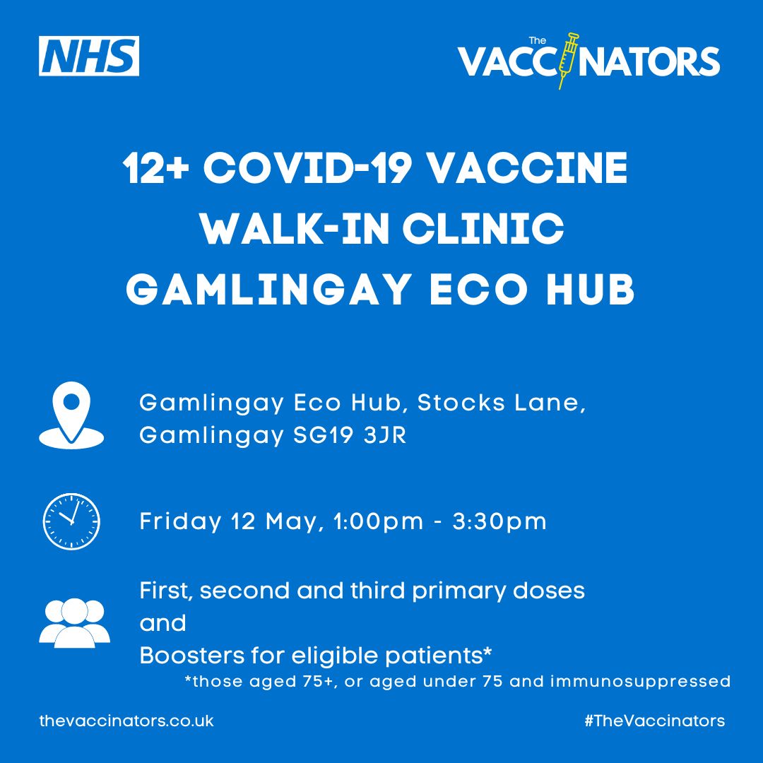 #thevaccinators are offering the COVID-19 vaccine at a walk-in clinic here at Gamlingay Eco Hub, today Friday 12 May, 1pm-3.30pm
All doses available, including spring boosters for those eligible.
No need to book. thevaccinators.co.uk
