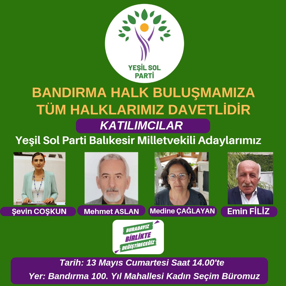 sevincoskun_'s tweet photo. Yarın #Bandırma'da gerçekleştireceğimiz buluşmaya tüm halklarımız davetlidir.
📌Yer: 100. Yıl Mahallesi Kadın Seçim Büromuz
📌Saat: 14.00
#BuradayızBirlikteDeğiştireceğiz 
@BlkYesilveSol @YesillerSol https://t.co/ayUiSJvZ9M