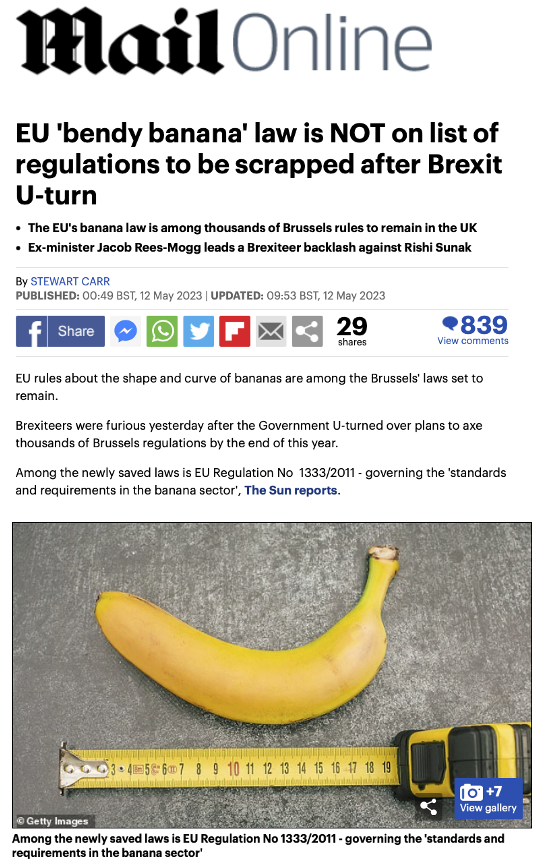 AlexTaylorNews's tweet photo. The tragedy of Brexit. The UK spent the last 30 yrs het up about bendy bananas, votes to be able to eat bendy bananas - and somehow still manages to end up deprived of bendy bananas 👇

The comedy is people in Europe have spent the last 30 yrs eating bendy bananas regardless 🤡 https://t.co/E9JbqaVqiX