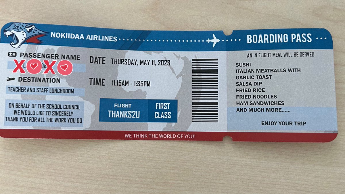MsJLau's tweet photo. Thank you to our School Council for putting together a wonderful Staff Appreciation Event @NokiidaaPS yesterday.  The idea of Nokiidaa Airlines was fun and ingenious!  Staff were thrilled to see the variety that took care of all our dietary needs.  THANK YOU! https://t.co/0tpKD57IFB