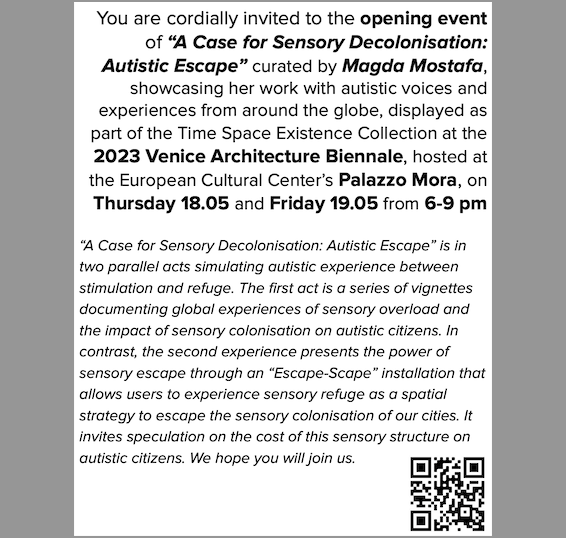 archforautism's tweet photo. Announcing my interactive exhibit "A Case for Sensory Decolonisation" showcasing autistic spatial experience at the Venice Architecture Biennale @la_Biennale 18.05-19.05 previews and 20.05-26.22 to the public, follow https://t.co/OMmQdZxHew for updates and the digital film https://t.co/pVUhsYe4Gi