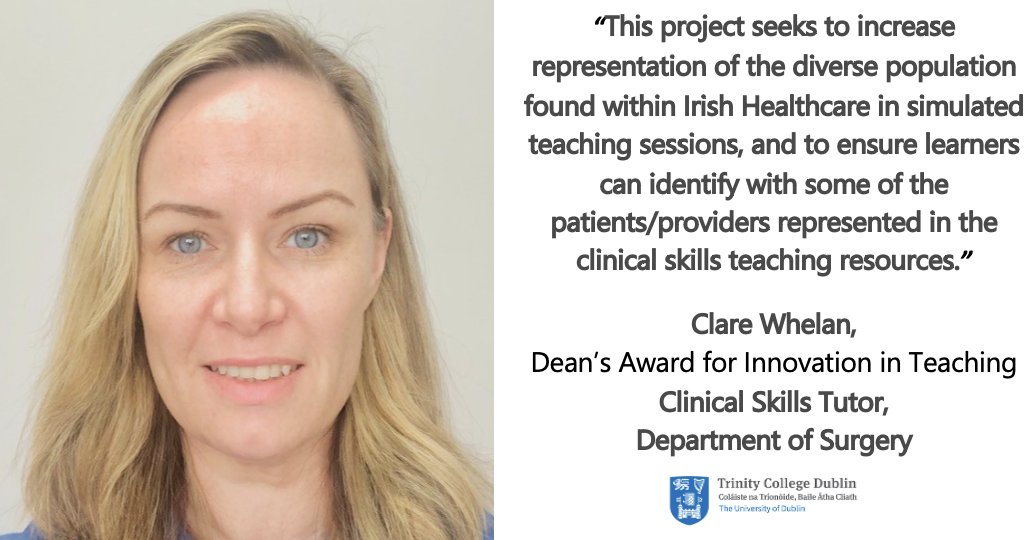 Congratulations to Clare Whelan, Department of Surgery who was a recent recipient of the Dean's Award for Innovation in Teaching. Well done Clare! You can read more about Clare's research & the Dean's Awards at this link: bit.ly/41vGY7l #TrinityResearch #TrinityResearch