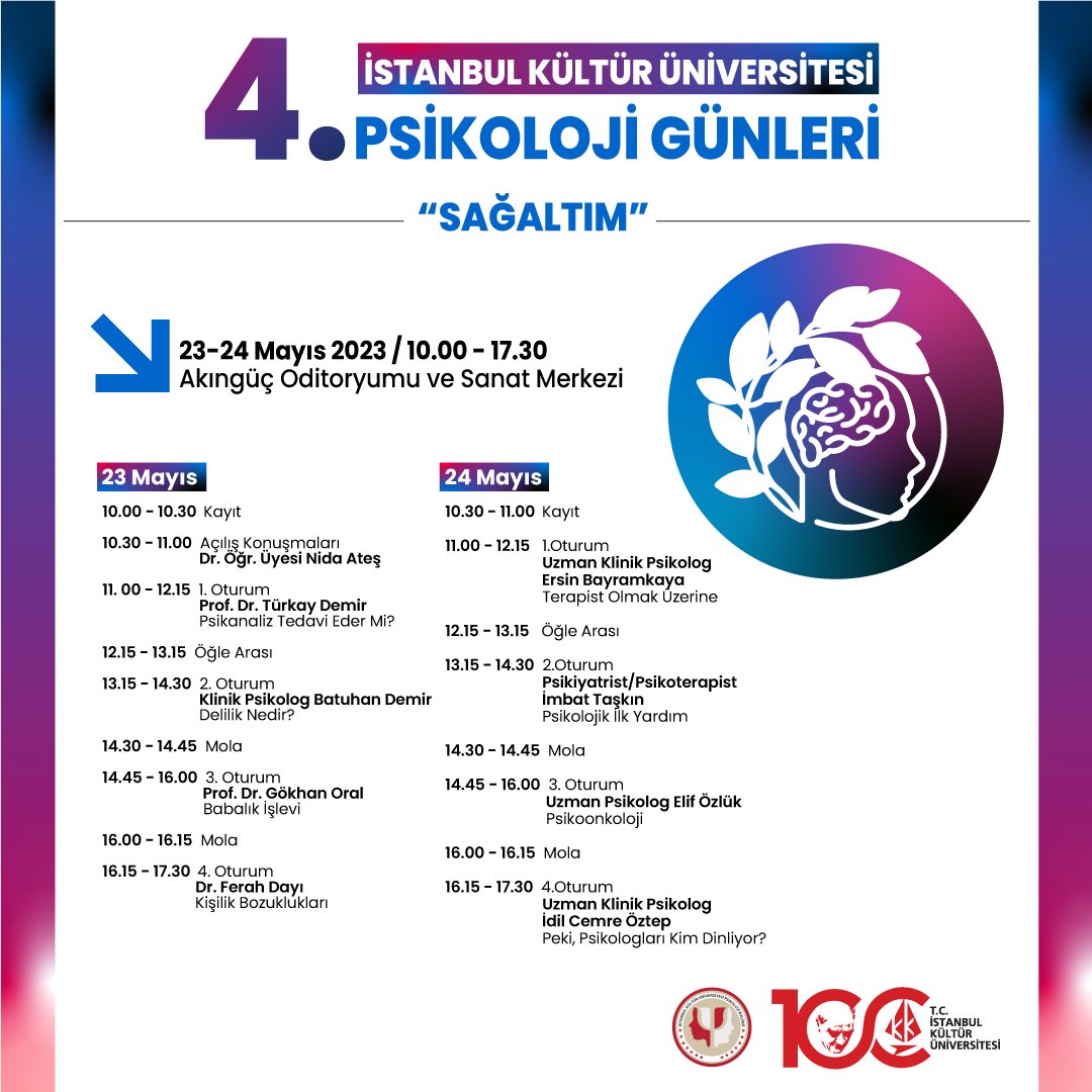 23-24 Mayıs tarihlerinde Ataköy Kampüsü'ndeki Akıngüç Oditoryumu ve Sanat Merkezi'nde gerçekleştireceğimiz "Sağaltım" temalı 4. Psikoloji Günleri etkinliğimiz ile karşınızdayız! 🥰

Kayıt için aşağıdaki formu doldurabilirsiniz. 
forms.gle/J7iqJ4pamyBvUe…