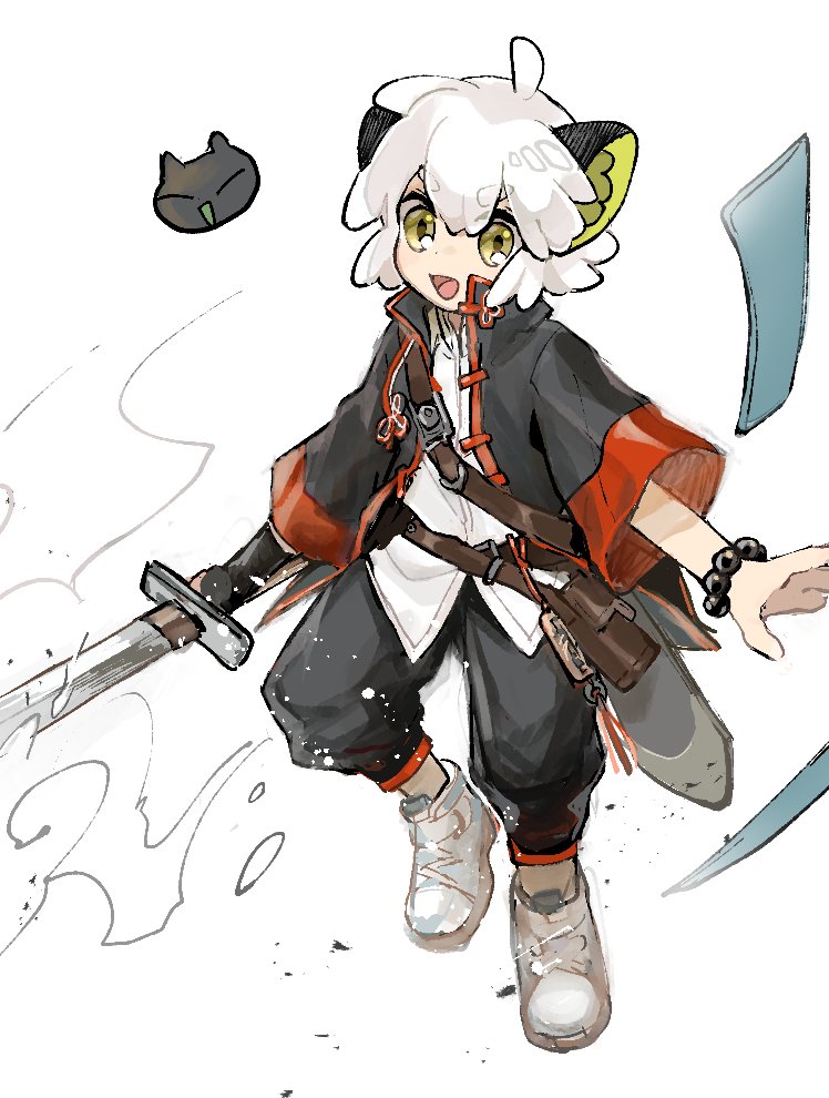 luoxiaohei 1boy cat boy black pants weapon sword animal ears white hair  illustration images