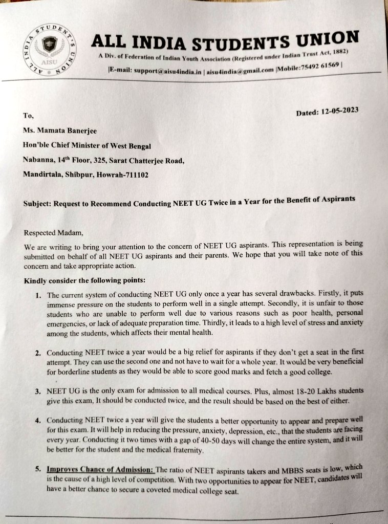 Official_AISU's tweet photo. Today we wrote to Hon'ble CM of West Bengal @MamataOfficial requesting her to recommend @MoHFW_INDIA for conducting #NEETUG twice in a year. This will be a huge relief for NEET aspirants. 
we hope our solicitation will be taken into consideration. #NEETUG2NDATTEMPT https://t.co/yPfnEuYJH6