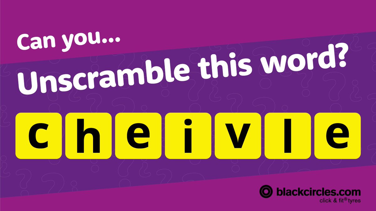 blackcircles's tweet photo. Can you unscramble this word ❓

We're bringing some fun to your Friday by giving you the chance to win a £20 Amazon voucher if you can tell us what the word is below... here's a hint - it's automotive related 😆

Got an idea? pop your guesses below to win!

Good luck 🍀 https://t.co/TJqGXvwocJ