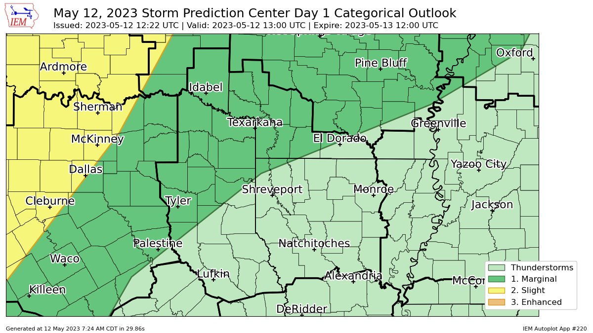 SPC issues Day 1 Marginal Convective Risk at May 12, 12:22z for SHV spc.noaa.gov/products/outlo…