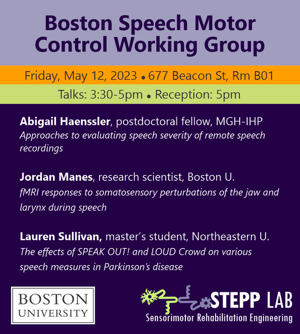 SteppLab's tweet photo. Happening today! Come hear about the latest research from Abigail Haenssler of @MGHInstitute, @jordan_manes of @GuentherLab, &amp; Lauren Sullivan of @SMILeResearch! Talks followed by a reception sponsored by @BUSargent https://t.co/OV9m2m9t2A