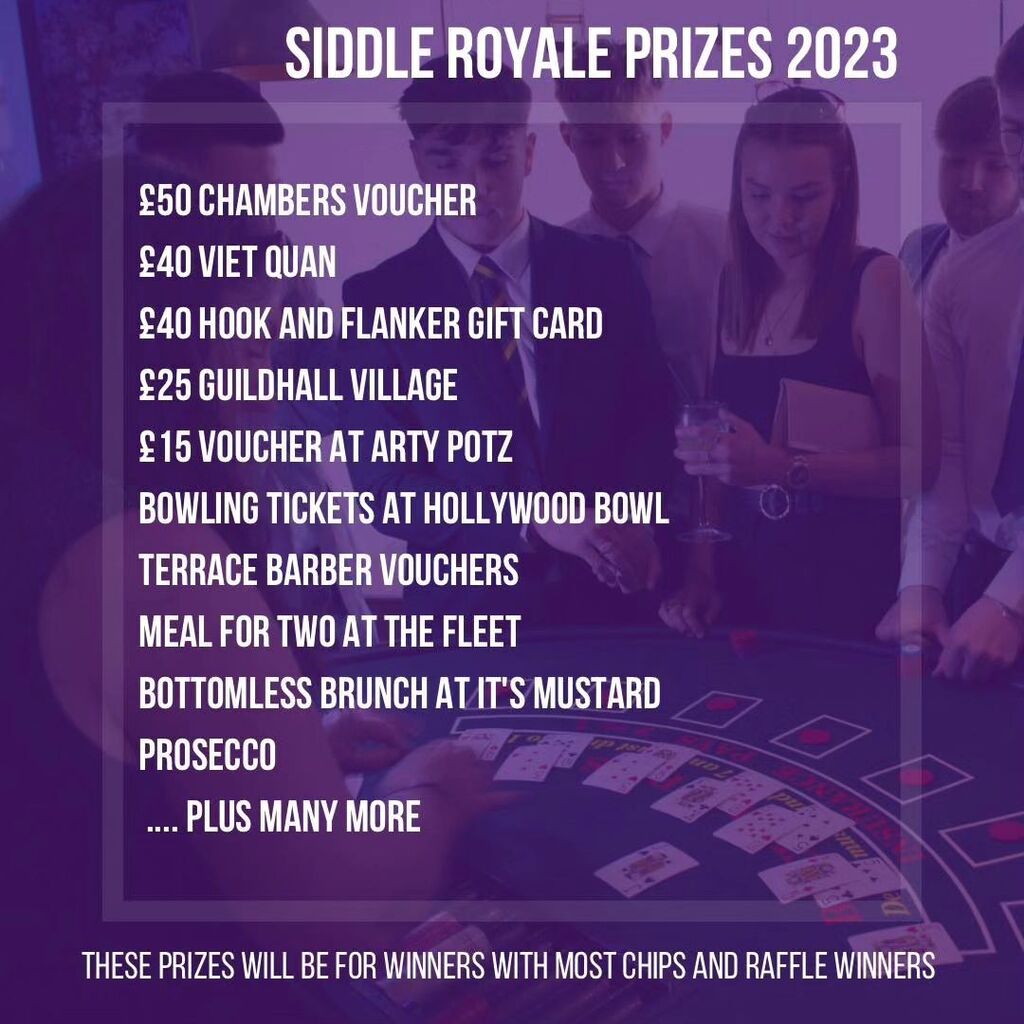🍾SIDDLE ROYALE PRIZES🍾

We hope you have picked out the right dress and been sharpening up on the rules of Roulette because Tonight it all comes together! 💃🎲

You've heard the dress code, you know the After-party lineup, but we'd thought we'd let you… instagr.am/p/CsJJHjRIWTZ/