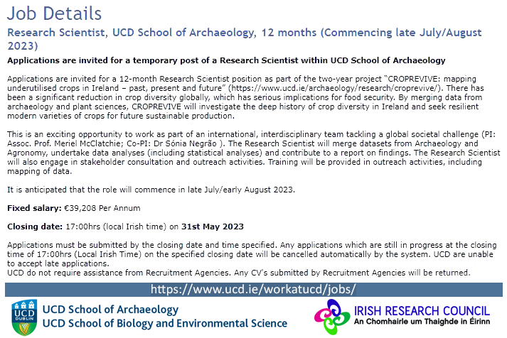 UCD Archaeology, Dublin (@ucdarchaeology) on Twitter photo Job alert for interdisciplinary research project! CROPREVIVE is seeking a postdoc with research experience in modern agricultural systems and data analysis (background in economics, sociology, agronomics or similar).
ucd.ie/workatucd/jobs/
<a href="/IrishResearch/">We are now Research Ireland</a>
<a href="/sonicanegrao/">Sonia Negrao</a>
<a href="/UCDSBES/">Sch. Biol. & Env. Sc</a> Job alert for interdisciplinary research project! CROPREVIVE is seeking a postdoc with research experience in modern agricultural systems and data analysis (background in economics, sociology, agronomics or similar).
ucd.ie/workatucd/jobs/
<a href="/IrishResearch/">We are now Research Ireland</a>
<a href="/sonicanegrao/">Sonia Negrao</a>
<a href="/UCDSBES/">Sch. Biol. & Env. Sc</a>