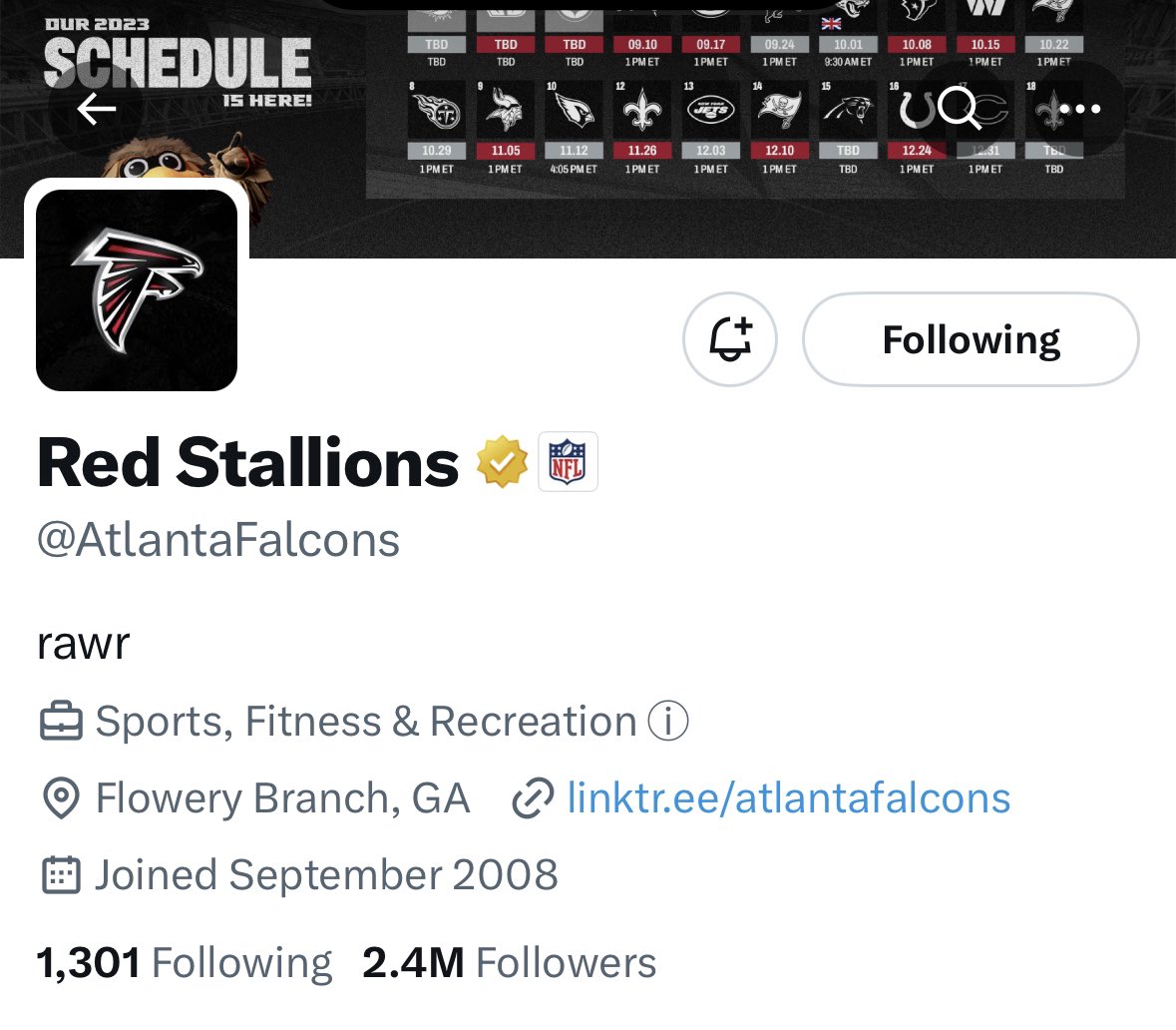FieldYates's tweet image. The @AtlantaFalcons have updated their Twitter bio 😂