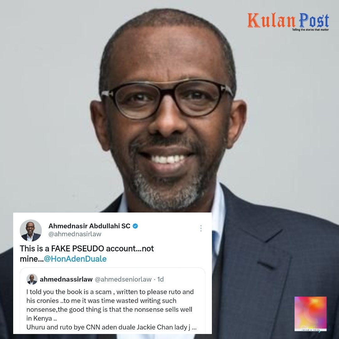 kulanpost's tweet photo. LAWYER Ahmednasir Abdullahi distance himself from a Twitter account that discredited Duale's new book.
"This is a FAKE PSEUDO account...not mine ," the city lawyer said in a tweet. #ForTheRecordLaunch https://t.co/paOBVh4rw1