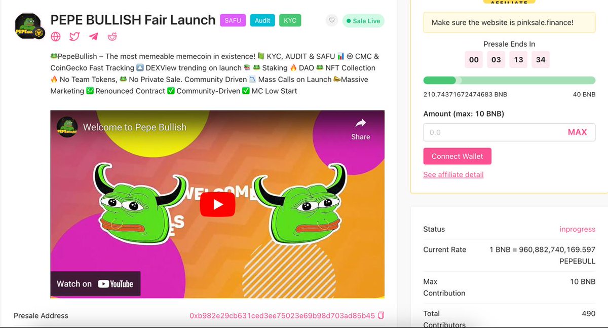 A trending meme project full of SAFU, KYC,AUDIT safety badges and super vibrant community.

✅ Strong marketing plan across multiple communities
✅ No Team tokens
✅ Contract renounced after Launch
✅ Airdrops

Contest Pinksale: pinksale.finance/launchpad/0xB9…

Website: