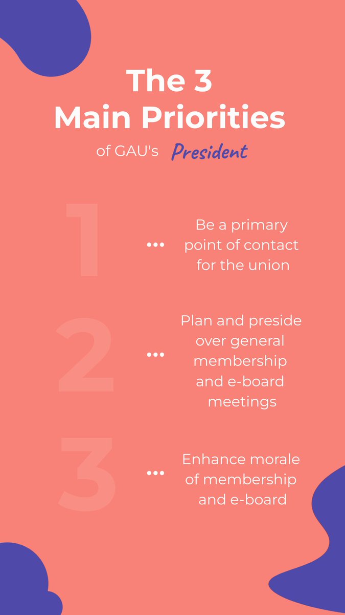 We are still taking E-board nominations! To help better understand each role, we are highlighting a different e-board position each day for the next week. Today: President!

Would you or anyone you know make a good GAU president? Let us know by May 18th to be on the ballot!