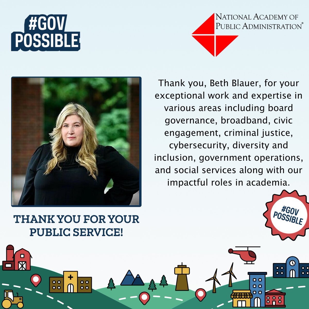 napawash's tweet photo. This Public Service Recognition Week, we thank #NAPAFellow @BIBlauer of @JohnsHopkins for her dedication to #publicservice! https://t.co/VCpyIbau5r #PSRW #GovPossible #NAPAImpact #leadership #service #civicimpact #publicsector #innovation #HigherEd https://t.co/6jAejDNeY6
