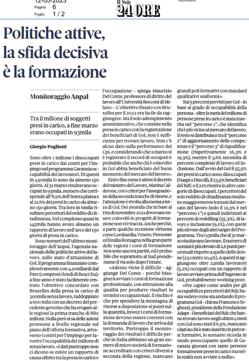 Il programma GOL sui fondi PNRR entra nel vivo delle politiche attive, a partire dalla formazione. Ma si rischia di finanziare una miriade di corsi inutili. Occorre puntare sui poli di eccellenza e monitorare la qualità. Ne ho parlato con Giorgio Pogliotti sul ⁦@sole24ore⁩