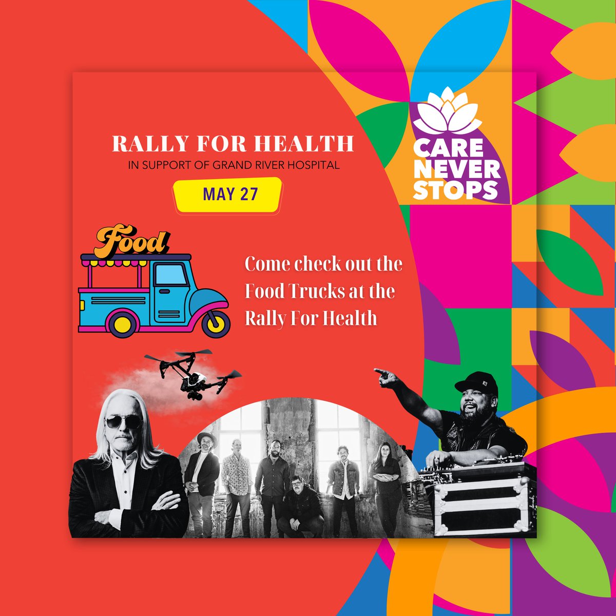 CareNeverStops's tweet photo. Come out for some food truck fun at the Rally for Health on May 27, a FREE concert with performances from @thestrumbellas, @djshub and Ian Richards Project. Grab dinner from your favourite food trucks before the evening’s festivities. Visit https://t.co/zw1Qz1IXUl! https://t.co/MkjO1EiCBS