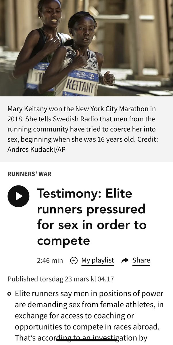 Lynne Wachira (@wachiralynne) on Twitter photo A section of Kenyan 🇰🇪 athletes say they have been pressured for sex by Men in power to be able to compete.
Mary Keitany is among athletes who spoke to Swedish radio reporter <a href="/EmelieRos/">Emelie Rosén</a>.
sverigesradio.se/artikel/testim… A section of Kenyan 🇰🇪 athletes say they have been pressured for sex by Men in power to be able to compete.
Mary Keitany is among athletes who spoke to Swedish radio reporter <a href="/EmelieRos/">Emelie Rosén</a>.
sverigesradio.se/artikel/testim…