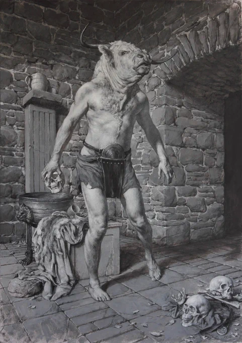 The Minotaur, Acrylics on board. This is a bidder's edition in my NG drop👉 https://www.niftygateway.com/collections/LegendsbyPaulReid It was also the underpainting for the digital version. Painted over in Photoshop.
