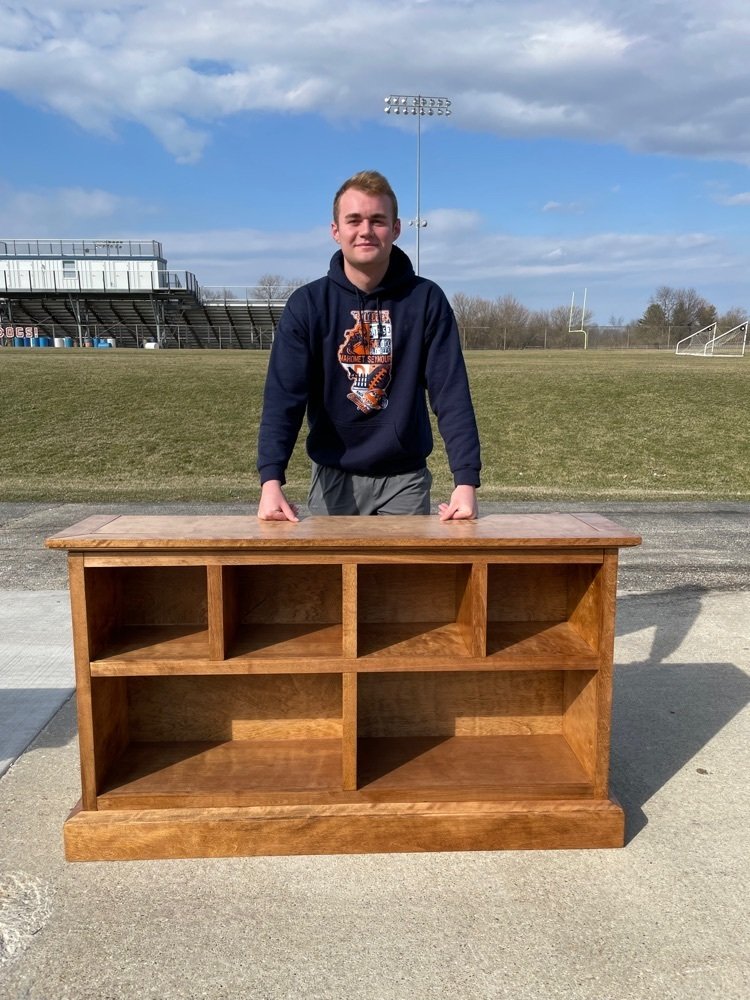 Each year manufacturing students build furniture projects, displayed is a senior built beautiful low profile book case.  #ibuiltthismshs
