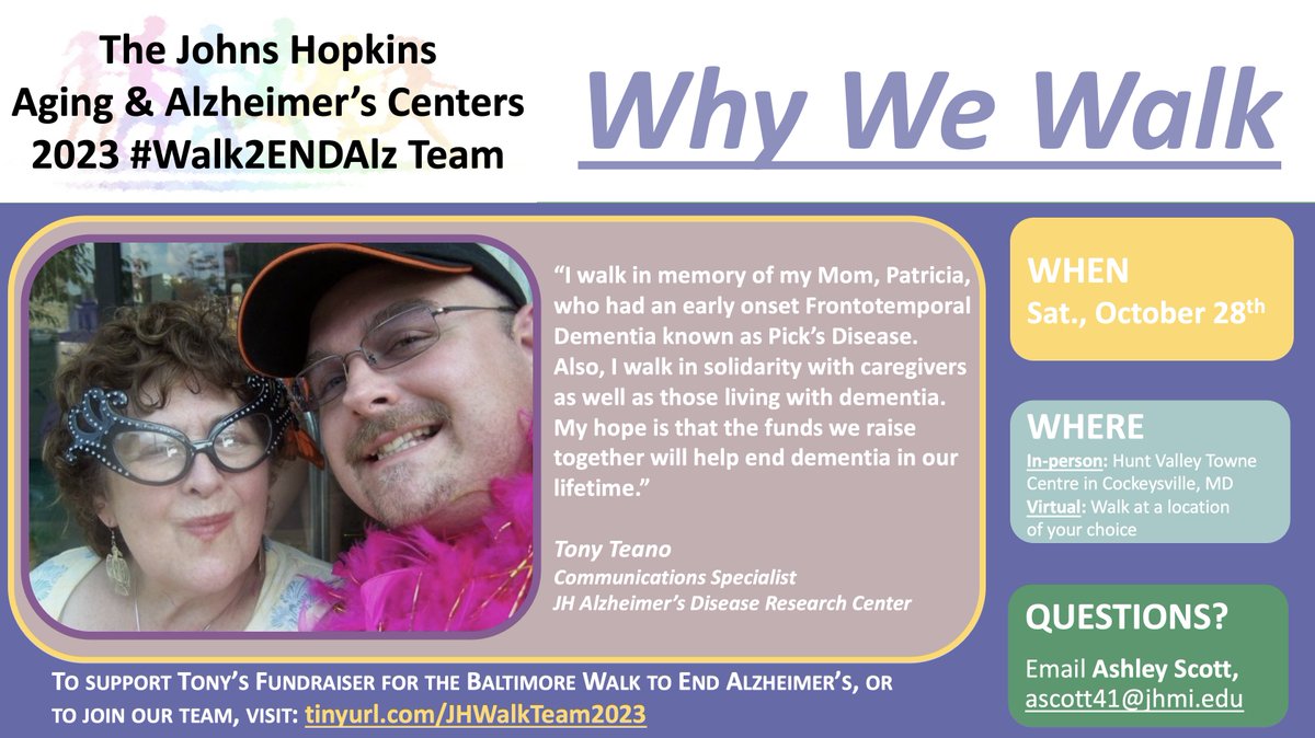 Our❤️s go out to those whose parents/grandparents are/were affected by #Alzheimers, #memory loss & #dementia as #MothersDay approaches. 

Many folks on our #Baltimore #Walk2ENDALZ team can relate. Here's @tonyteano's #WhyWeWalk. 

Please join us this fall: tinyurl.com/JHWalkTeam2023