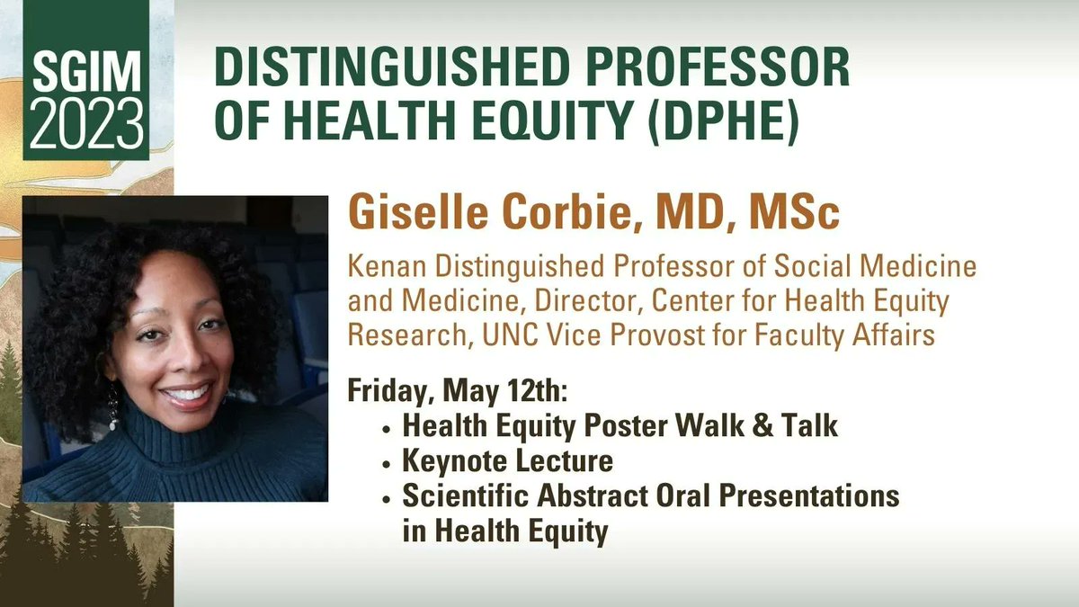 Join Giselle Corbie, Distinguished Professor of Health Equity, in Exhibit Hall 1 for the Health Equity Poster Walk and Talk at 10am! #SGIM23 @gcsmd