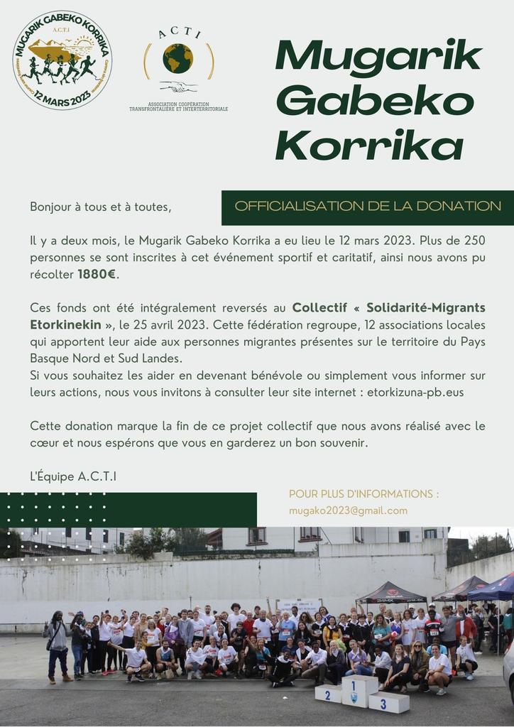 Course_MGK2023's tweet photo. 🔴Officialisation de la donation🥳🥳 

Nous sommes heureux de vous annoncer que nous avons pu récolter #1880€ lors de l'événement caritatif "#Mugarik_Gabeko_Korrika".
▶️Bénéficiaire: Solidarités-migrants Etorkinekin 

Un grand merci!
Muchas gracias!
Milesker! 
Thank you so much! https://t.co/3Nv86dFYfL