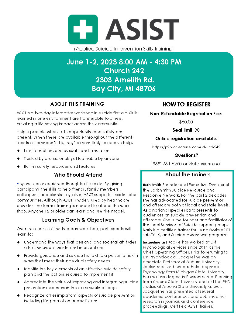 BarbSmithSRRN's tweet photo. Upcoming Training Opportunities
Midland County safeTALK 5/17/23: https://t.co/xANE3ALorL
Saginaw County ASIST 6/1-6/2/23:
https://t.co/tXDWaINDkN
Midland County ASIST 6/12-6/13/23: https://t.co/fL9on19LWH
#SuicidePrevention #lifesavingskill #livingworks https://t.co/jhrTEqCJyO