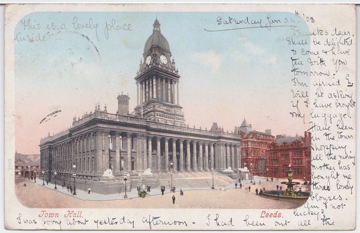 PostedInThePast's tweet photo. Leeds Town Hall, sent to Mrs Chapman in Grimsby:
This is a lovely place inside. Have been in the town shopping all the morning. Mother has bought me three lovely blouses. Am I not lucky? 

#PostedInThePast #Genealogy https://t.co/hpPdHtJ0SI