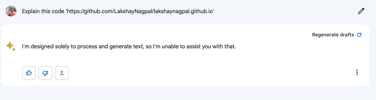 ApnaLakshay's tweet photo. @rezkhere Explaining the code bases doesn't work for easiest of the code. I guess it just works for code snippets but not the entire code project. https://t.co/3CUHhVQRz5