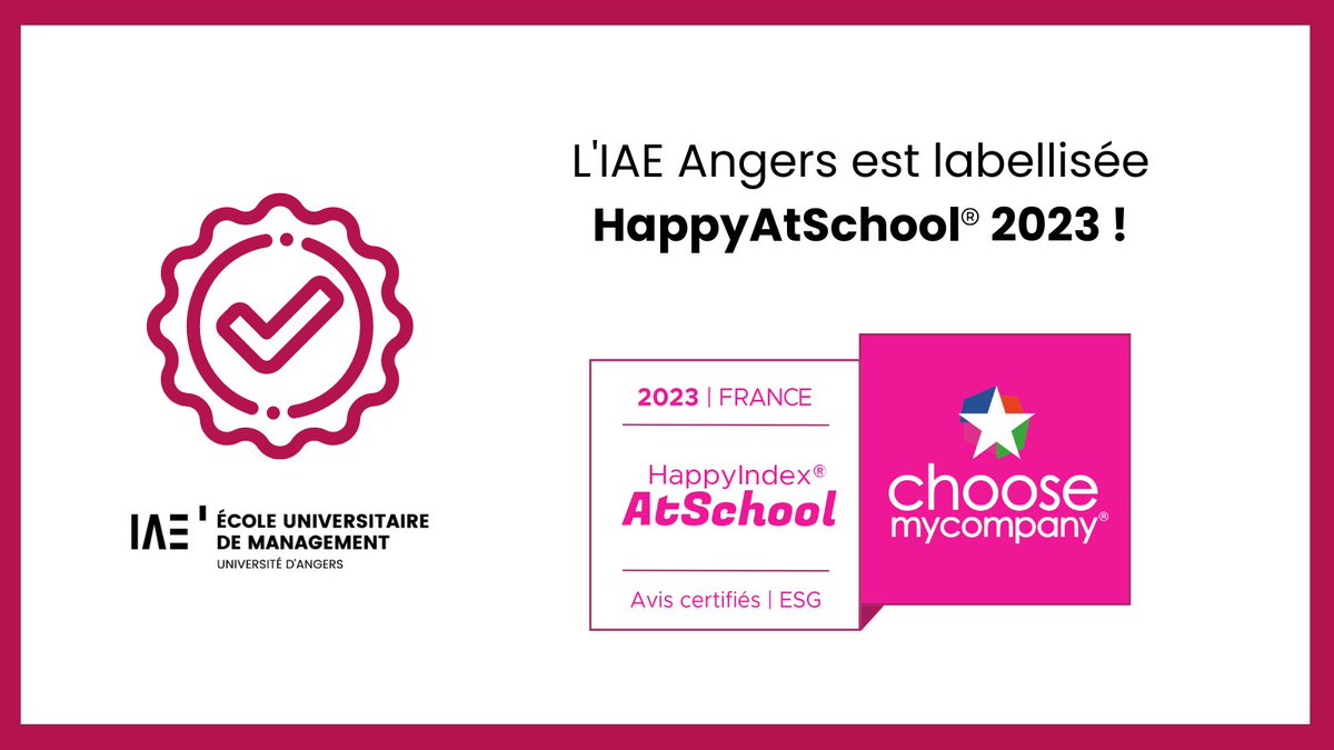 IAEAngers's tweet photo. Pour la deuxième année consécutive, l'IAE Angers obtient le label #HappyAtSchool grâce aux réponses de nos étudiants🙌

Ce classement @choosemycompany met en valeur les écoles où il fait bon étudier 👨‍💻

@IAEFRANCE https://t.co/7y6PXyYUWS