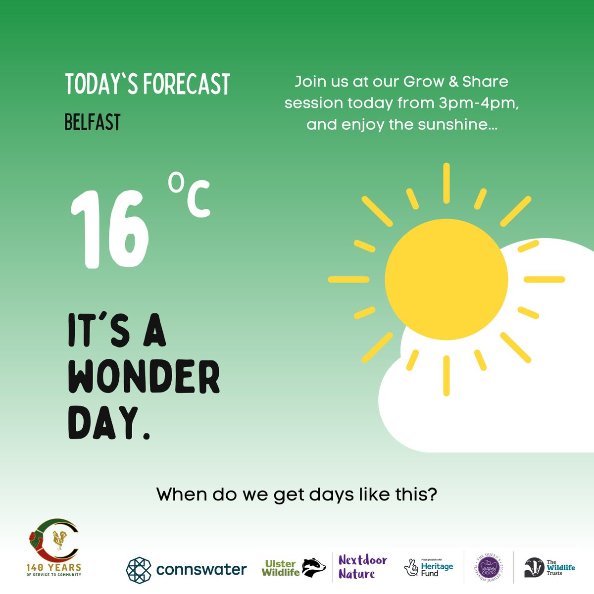 𝗗𝗔𝗬𝗦 𝗟𝗜𝗞𝗘 𝗧𝗛𝗜𝗦

Join us at the <a href="/larderbelfast/">The Larder, Belfast</a> for our weekly Grow &amp; Share session today from 3pm-4pm and enjoy the sunshine!

Sure, when do we get days like this?

#COYG #Community #SummerTime 
<a href="/UlsterWildlife/">Ulster Wildlife</a> <a href="/ConnswaterHomes/">Connswater</a>