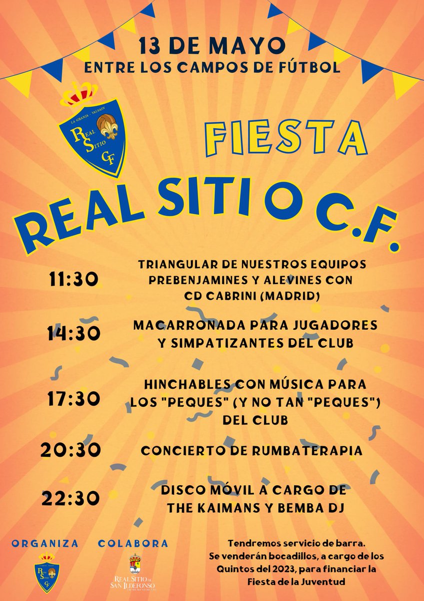 realsitiocf's tweet photo. ¡Ven a celebrar con nosotros la fiesta del club!
Pasaremos un gran día con las familias y jugadores del club. 
Llenemos de colorido la fiesta con los colores de nuestro pueblo. ¡Anímate!💙💛
#RealSitioCF
#UnailusionmuyReal https://t.co/LW02NwFbCf