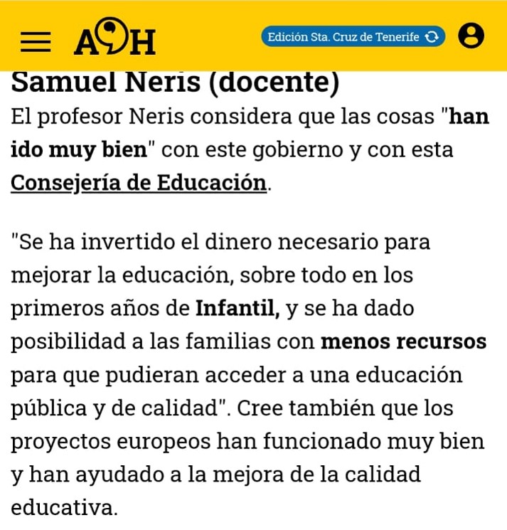 CIFPTonyGalardo's tweet photo. Hoy se ha publicado en prensa una entrevista a personas de variado perfil social. Entre dichas personas está nuestro Jefe de Estudios, Samuel Neris. Les animamos a leer el artículo y su reflexión sobre la educación. https://t.co/8bSKx849XG https://t.co/2vOUKOJbZZ