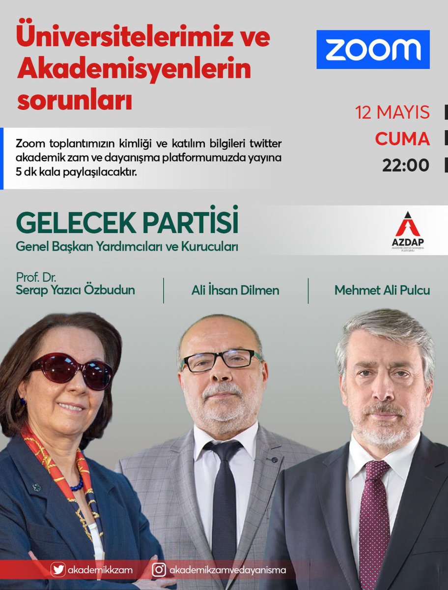 “Üniversitelerimiz ve Akademisyenlerin Sorunları” 
Gelecek Partisi İnsan Haklarından sorumlu Genel Bşk.Yrd. Prof. Dr. Serap Yazıcı, Parti içi Eğitimden sorumlu Genel Bşk.Yrd. Mehmet Ali Pulcu, Parti içi Eğitim Bşk.Yrd. Ali İhsan Dilmen katılımı ile zoom toplantımıza davetlisiniz.