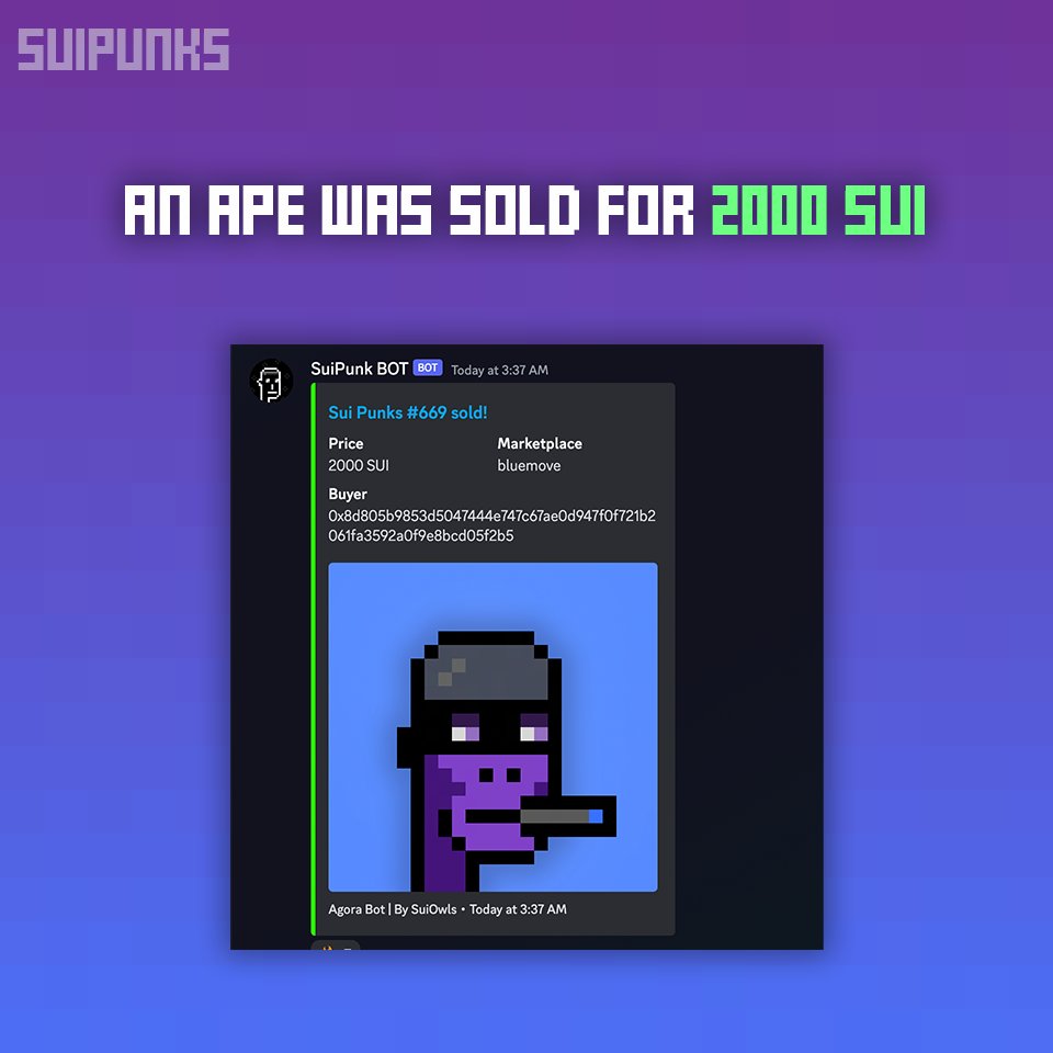 We cannot catch all of these massive sales.🚀

Another huge sale:

Sui Punk #669 was sold for 2000 $SUI.✅

Don't forget to join sweep contest and get your gifts.🎁