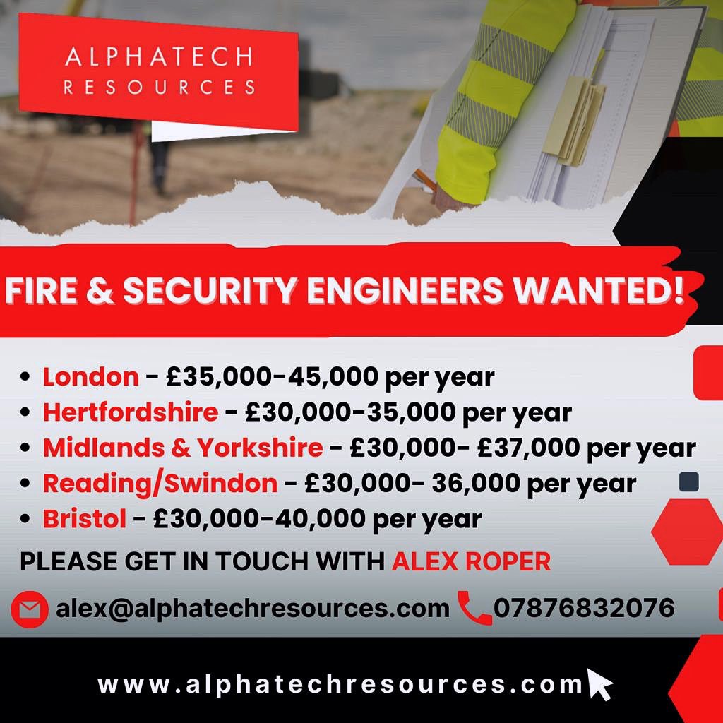 FIRE & SECURITY ENGINEERS ! 🔥

Please get in touch with Alex Roper 
☎️07876832076
📩alex@alphatechresources.com
Or apply online 
alphatechresources.com ✅

#engineeringjobs #fire #security #engineers #careers #locations #applynow #ukjobs #jibsearch #engineeringcareers