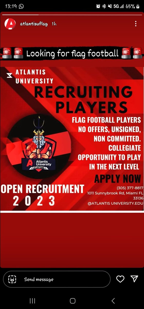 Looking for Athletes to continue to play in a COLLEGIATE LEVEL for flag football. Scholarships available for those who qualify. Please reach out thru email: flagfootball.athletics@atlantisuniversity.edu
Ig: Atlantisuflag