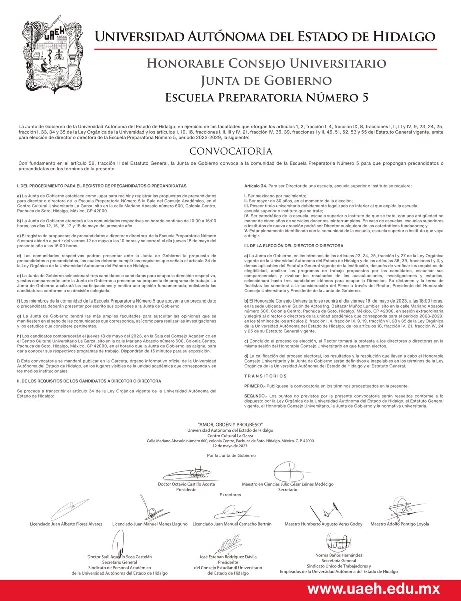 La Junta de Gobierno de la #UAEH emitió las primeras convocatorias para llevar a cabo el proceso de elección de directoras y directores de las unidades académicas que conforman esta casa de estudios.

uaeh.edu.mx/noticias/7879/