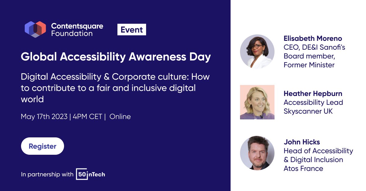 It takes a village to design an inclusive digital world! Join us on #GAAD2023 with <a href="/Contentsquare/">Contentsquare</a>  Foundation and top speakers, including <a href="/1ElisaMoreno/">Élisabeth Moreno</a>, to learn how to create a fair and inclusive digital society. 
Don't miss out 👉 May 17th! 
#Digitala11y
join.contentsquare-foundation.org/webinar-gaad-2…