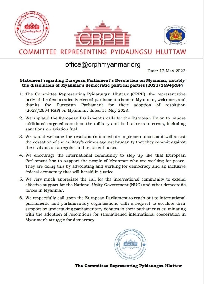 CrphMyanmar's tweet photo. CRPH welcomes and thanks the European Parliament @Europarl_EN for their adoption of resolution (2023/2694(RSP) on Myanmar, applauds the European Parliament’s calls for the European Union to impose additional targeted sanctions the military and its business interests. https://t.co/Bz9q82PA8P