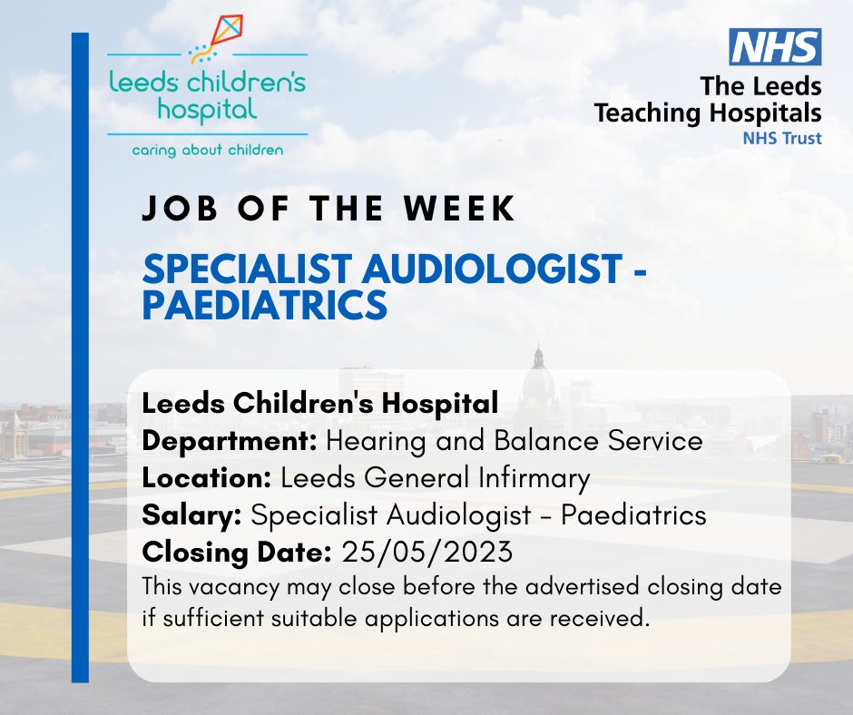 Paediatric Audiologist within the Hearing and Balance Service at Leeds Teaching Hospitals are looking to recruit a specialist audiologist.
Closing - 25th May
Interested - beta.jobs.nhs.uk/candidate/joba…