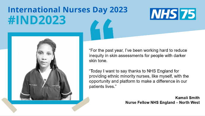 NHSNW's tweet photo. Kamali Smith, Nurse Fellow at NHS England North West, has been working to reduce inequity in skin assessments for people with dark skin tone. 

Thinking about a nursing career? Search ‘We are the NHS’.

#IND2023 💙 https://t.co/Y8I1qVfwrU