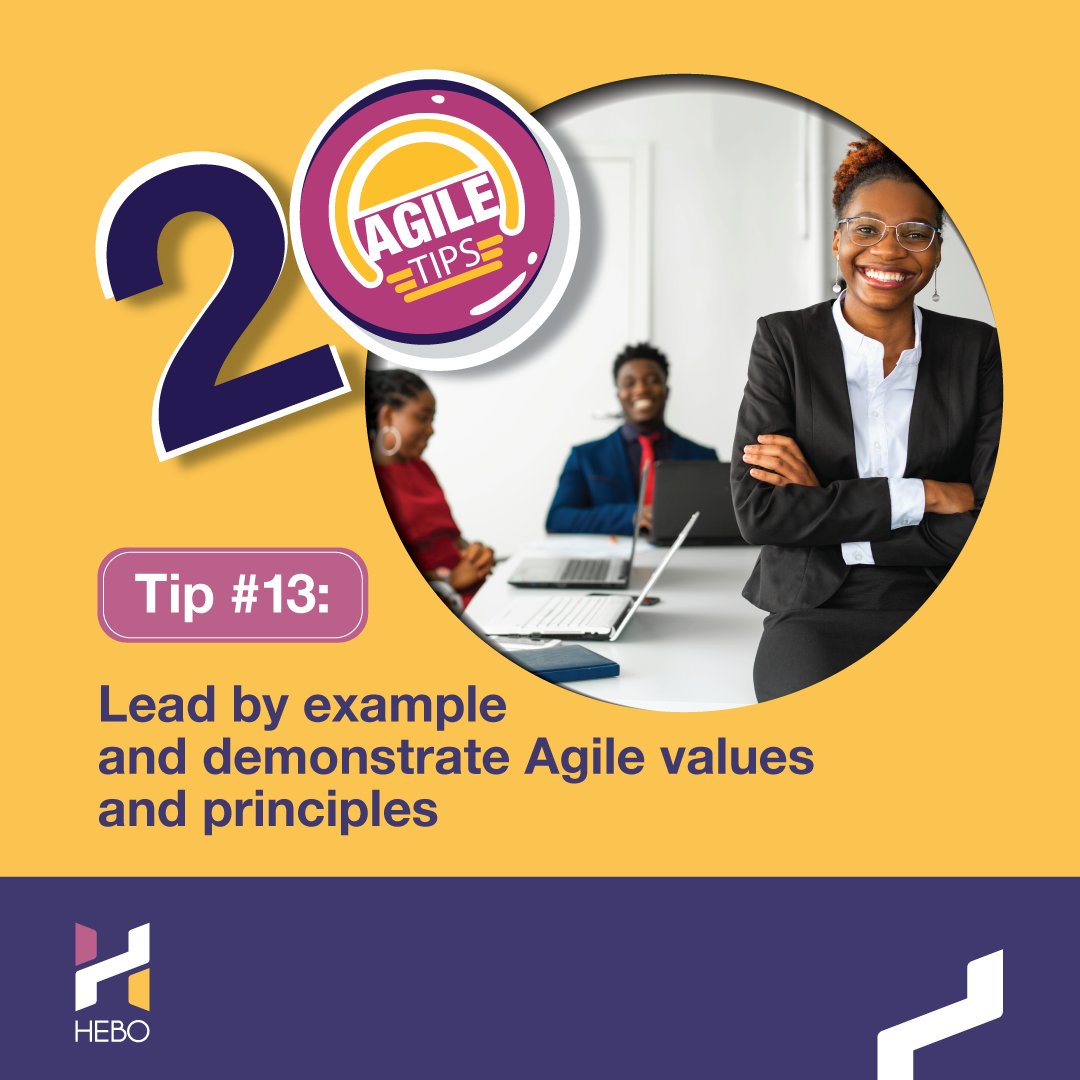 Tip #13 for Agile success: Lead by example and demonstrate Agile values and principles. Be the Agile leader your team needs. Check out our blog for all 20 expert tips and learn how to embody Agile values! 💡 #AgileLeadership #LeadByExample #AgileValues #PlanYourNext